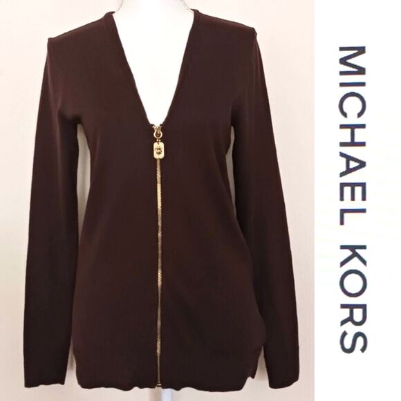 Michael Kors Brown Cotton Angora Full Zip V Neck Sweater Gold Logo Charm Sz S - Picture 1 of 6